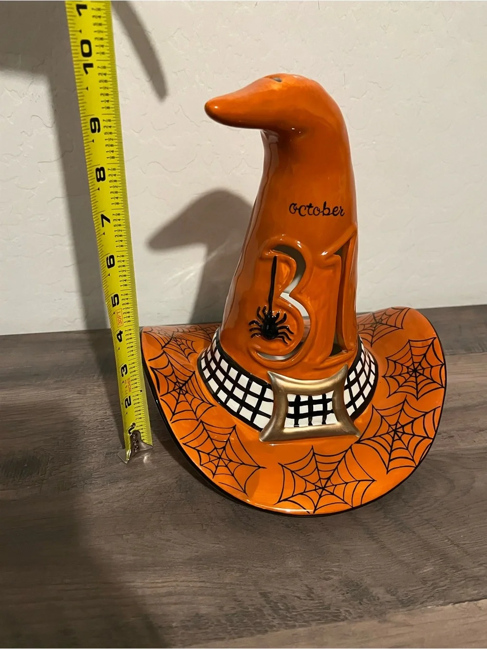 Blue Sky October 31 Orange Spider Web Witch Hat Ceramic Halloween Candle Holder